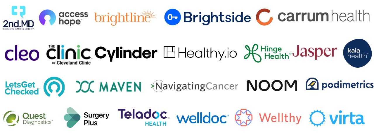 Logos for: 2nd.MD, cleo, The Clinic by Cleveland Clinic, Hinge Health, Jasper, Kaia health, Lets Get Checked,  Livongo, Maven, NavigatingCancer, Quest Diagnostics, SEASON, Surgery Plus, welldoc, Healthy.io and Wellthy